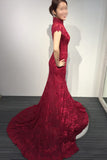 Burgundy Lace Short Sleeve High Neck Mermaid Sweep Train Evening Dress,Vintage Prom Dress,N413