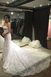 Trumpet Strapless Lace Tulle Court Train Wedding Dresses Lace Bridal Dresses N470