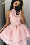 Pink Sleeveless A Line Mini Prom Dress, Two Layers Appliques Satin Homecoming Dress