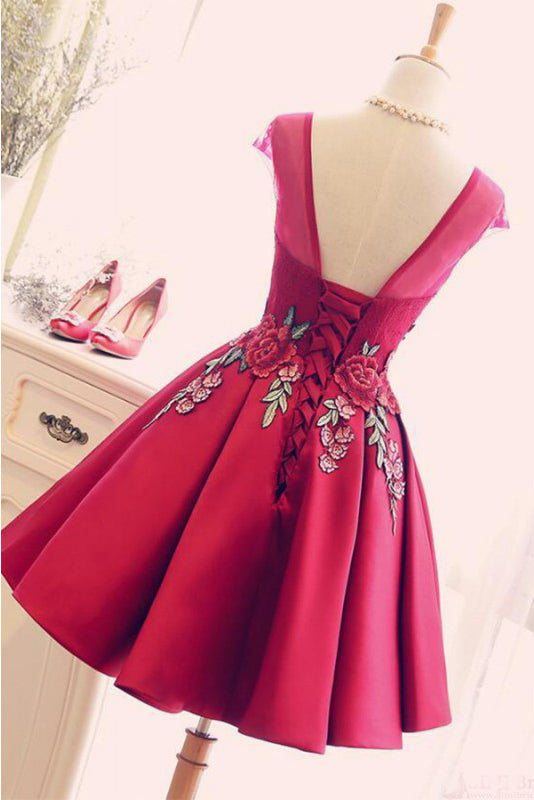 Burgundy Satin Ruched Appliques Homecoming Dresses N1021