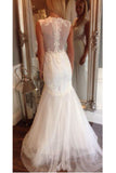 Ivory V-Neck Sleeveless Mermaid Wedding Dresses Long Tulle Bridal Dresses with Appliques N940