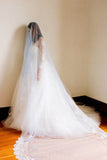 1T Tulle with Lace Appliques Wedding Veilss Cathedral Length V019