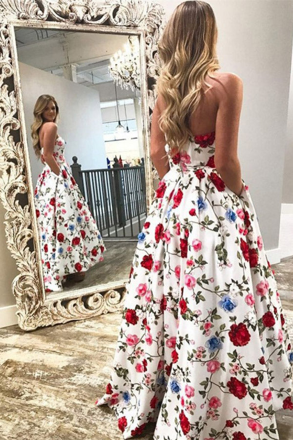 A Line Strapless High Low Printed Prom Dresses with Pockets Floral Party Dresses N973