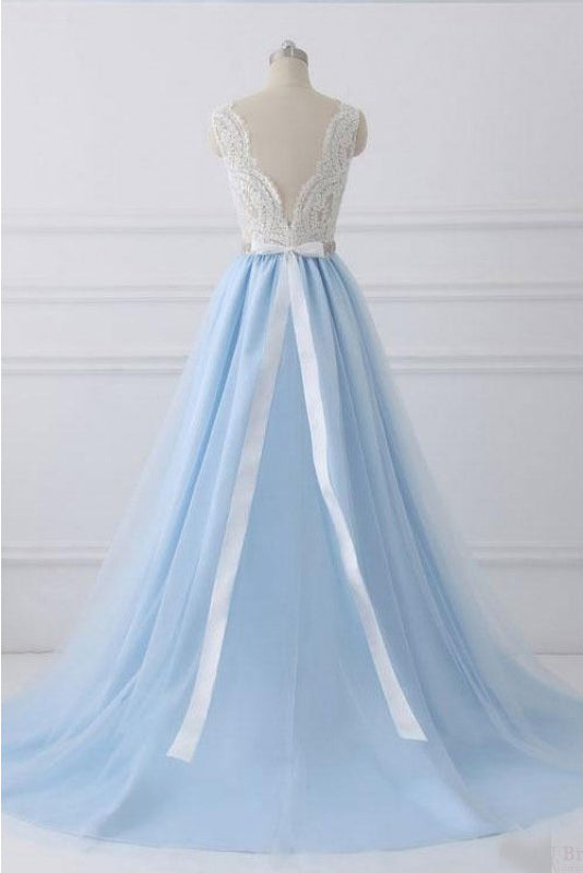 A Line V Neck Lace Appliques Bodice Long Prom Dresses Elegant Prom Dresses with Beads N1008