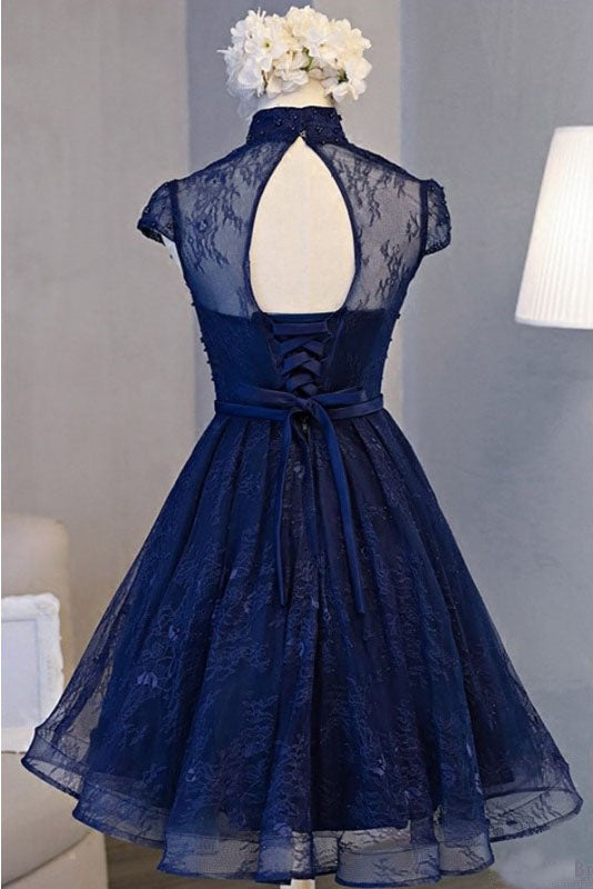 A Line High Neck Knee Length Cap Sleeve Lace Homecoming Dresses N1029