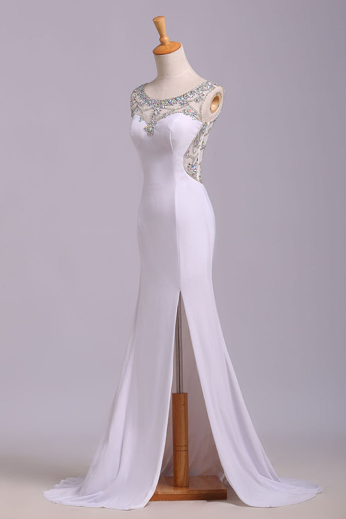 White Mermaid Sleeveless Split Prom Dresses with Sequins Sweep Train Dresses with Rhinestones N1207