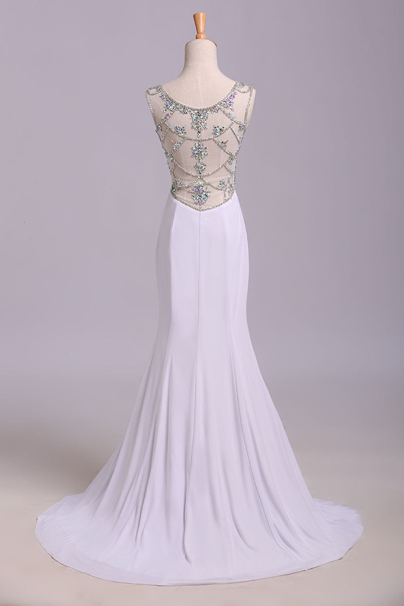 White Mermaid Sleeveless Split Prom Dresses with Sequins Sweep Train Dresses with Rhinestones N1207