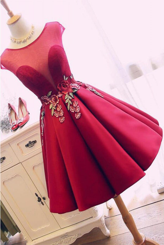Burgundy Satin Ruched Appliques Homecoming Dresses N1021