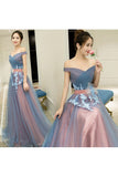 A Line Off-the-Shoulder Tulle Long Prom Dresses Long Tulle Pleats Evening Dresses N1053