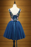Pretty Dark Blue V-Neck Tulle Short Homecoming Dresses with Appliques N923