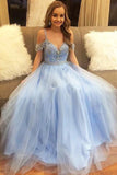 Floor Length Light Blue Straps Off Shoulder Tulle Prom Dresses with Beading N1252