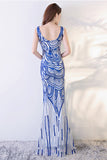 Royal Blue Mermaid Prom Dresses V Neck Long Evening Dresses with Sequins N1418