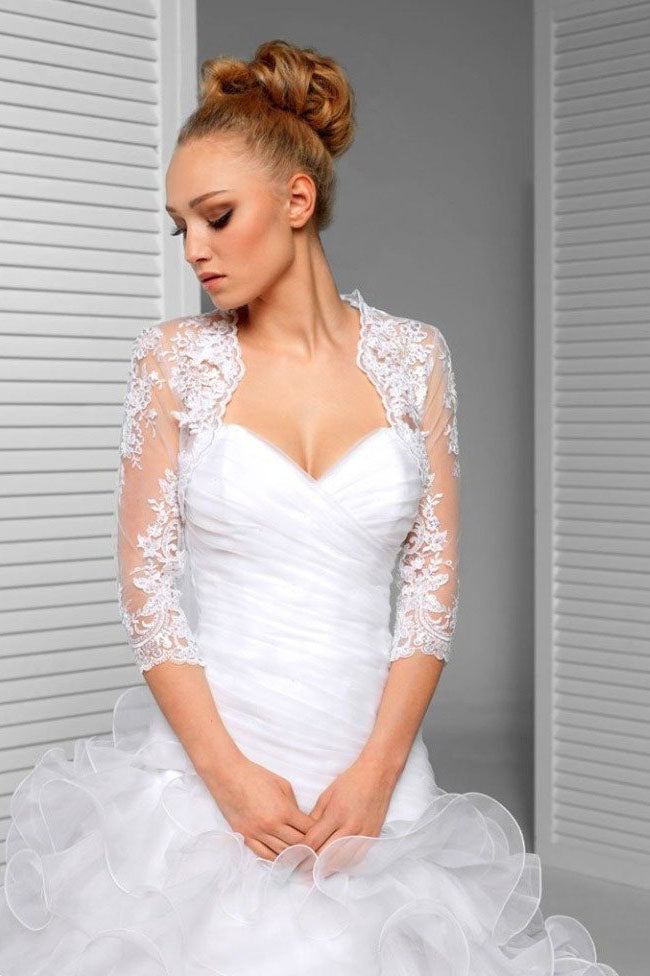 White 3/4 Sheer Sleeve Bridal Cape Scalloped Lace Top, Lace Appliqued Wedding Wraps