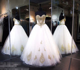 Sweetheart Floor Length Ball Gown Bridal Dresses with Gold Lace Appliques N430