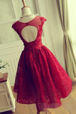 Burgundy A Line Sleeveless Lace Homecoming Dress N1009