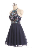 Navy Blue Halter Beading Chiffon Homecoming Dresses