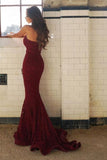 Burgundy Lace Prom Dresses Mermaid Sweetheart Strapless Lace Evening Dresses N1618