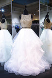 Two Piece White Shiny Ruffles Sleeveless Floor Length Prom Gown with Gold Top,N433