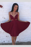 Burgundy Spaghetti Straps Mini Ruched Stain Homecoming Dresses