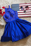 Royal Blue High Neck Satin Short Homecoming Dresses with Lace Top Prom Dresses N1081