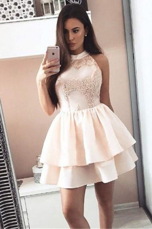 A Line Sleeveless Mini Homecoming Dresses, Short Two Layers Prom Dress with Appliques