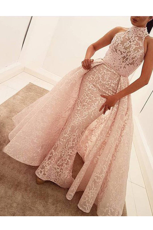 Unique Mermaid High Neck Sleeveless Sweep Train Pearl Pink Lace Prom Dresses N832