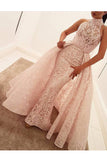 Unique Mermaid High Neck Sleeveless Sweep Train Pearl Pink Lace Prom Dresses N832