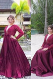 Princess V-neck Long Sleeves Beading Sweep Train Satin Plus Size Dresses N1220