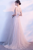 Gray Sleeveless Tulle Long Prom Dresses with Beads A Line Formal Dresses with Flowers N1105