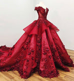 Pretty Off The Shoulder Ball Gown Floral Appliques Beaded Prom Dresses