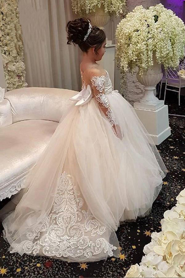 Gorgeous Long Sleeveless Appliqued Tulle Long Flower Girl Dresses with Bow F038