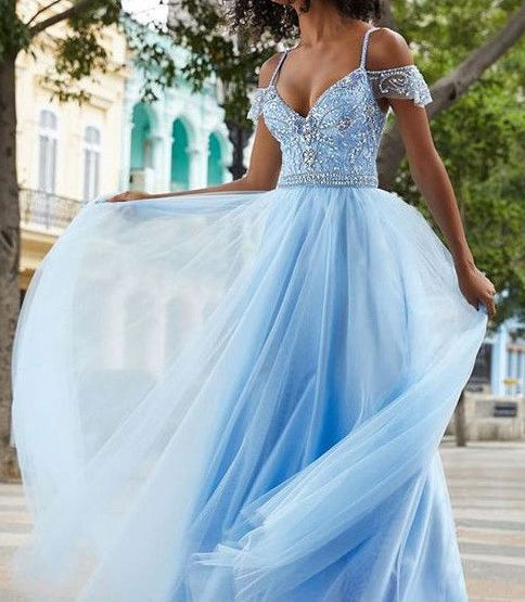 Floor Length Light Blue Straps Off Shoulder Tulle Prom Dresses with Beading N1252