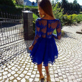 A Line V-Neck Long Sleeves Royal Blue Chiffon Lace Homecoming Dresses