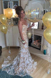 Mermaid Sexy Sweetheart Lace Champagne Prom Dresses N1896