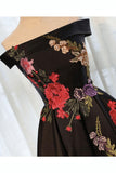 A Line Off-the-Shoulder Black Ankle Length Satin Prom Dresses with Appliques N1016