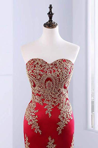 Floor Length Sweetheart Mermaid Red Prom Dresses Gold Appliqued Long Evening Dresses N1233