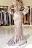 Charming V-Neck Mermaid Lace Appliques Long Sleeves Evening Dresses N2025