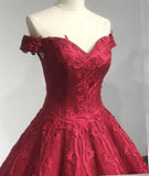 Burgundy Off the Shoulder Puffy Lace Quinceanera Prom Dresses