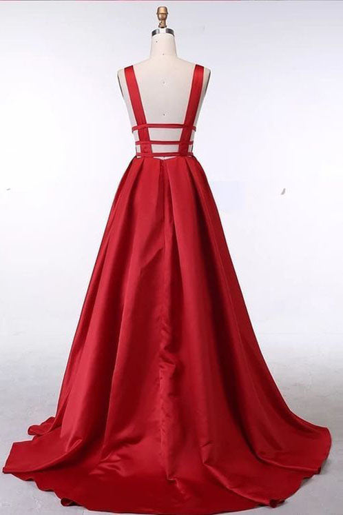 Unique V-Neck Red Sleeveless Long Prom Dresses A-Line Evening Dresses with Open Back N1249