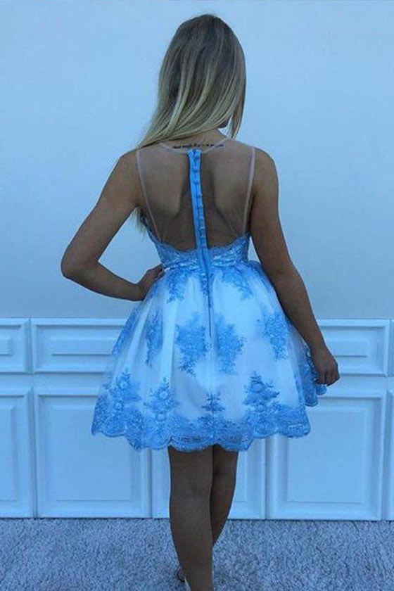 A Line Blue Lace Appliqued Mini Homecoming Dress N1056