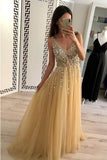 Sparkly V Neck Sleeveless Beading Prom Dress with Crystal, A Line Tulle Party Dress N1588