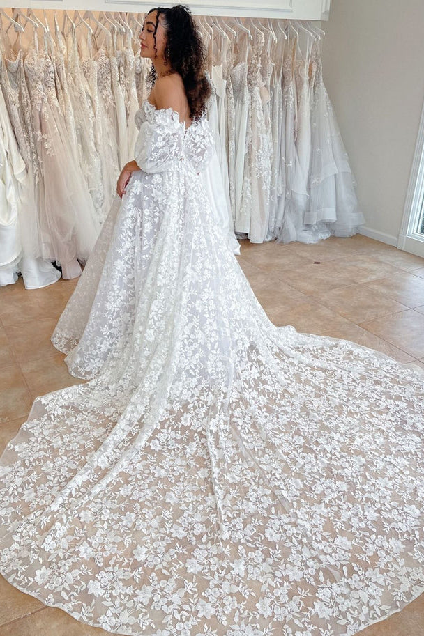 A Line Sweetheart Off the Shoulder Lace Wedding Dresses N090