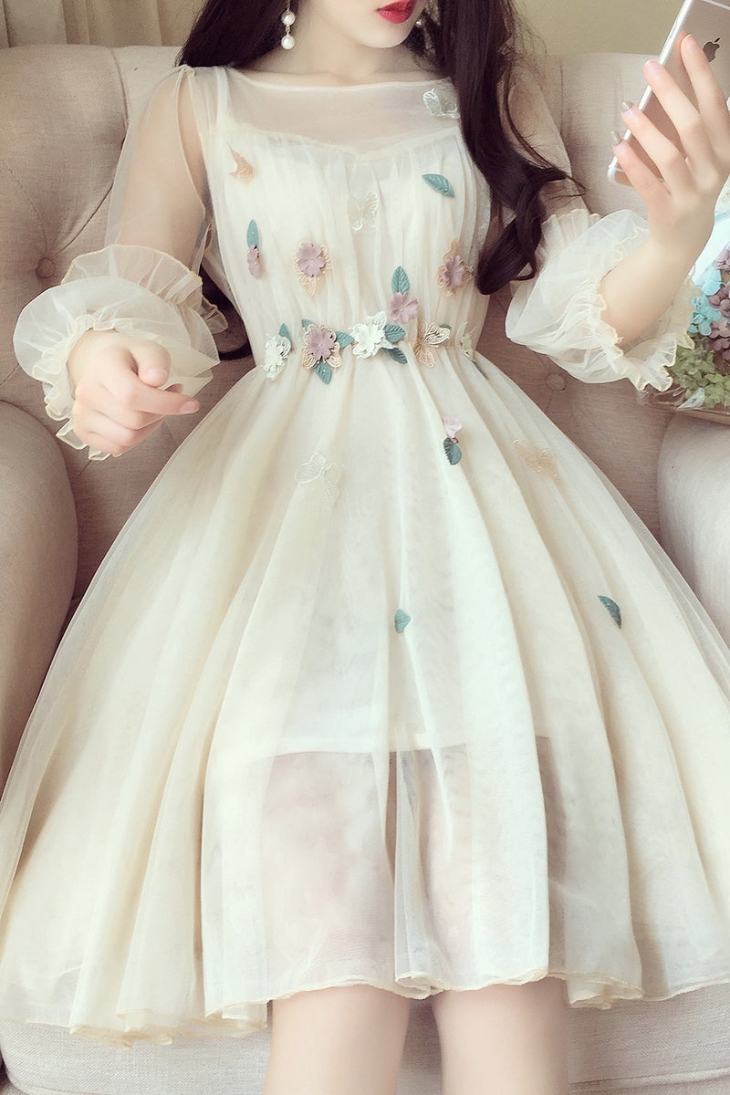 Beige 3/4 Sleeve Knee Length Prom Dress with Flowers, Sweet Homecoming ...