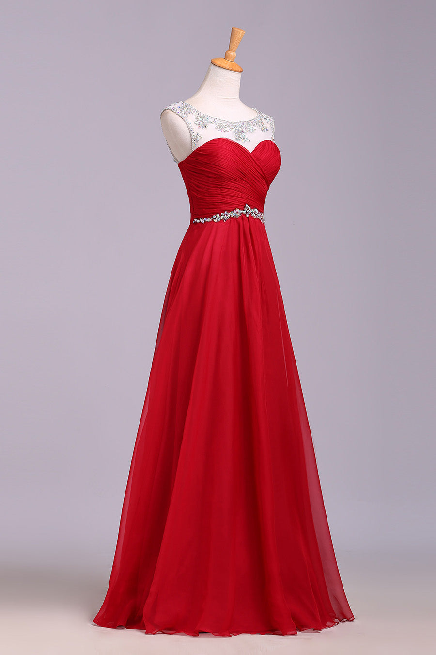 Red Floor Length Chiffon Prom Dresses with Crystals A Line Pleated Evening Dresses N1197