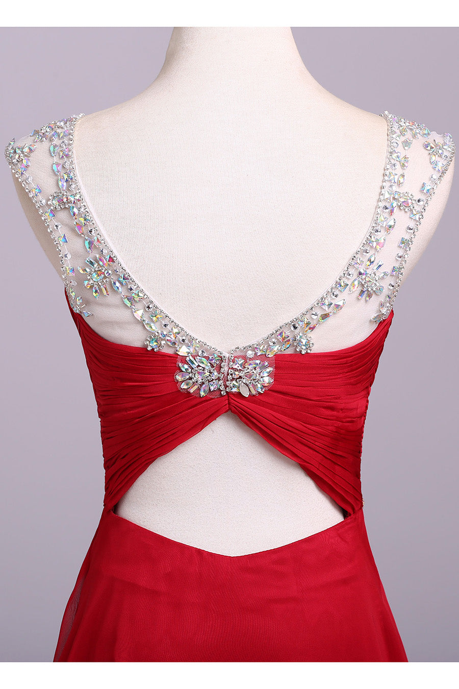 Red Floor Length Chiffon Prom Dresses with Crystals A Line Pleated Evening Dresses N1197