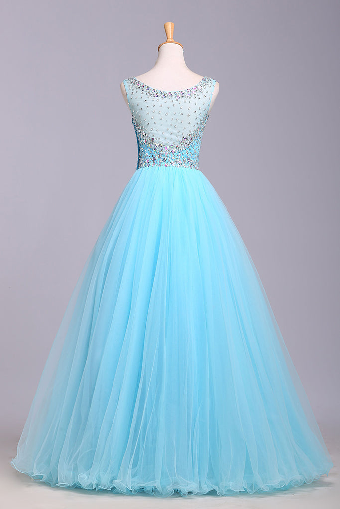 Blue Scoop Sleeveless Tulle Prom Dresses with Sequins Floor Length Puffy Evening Dresses N1196