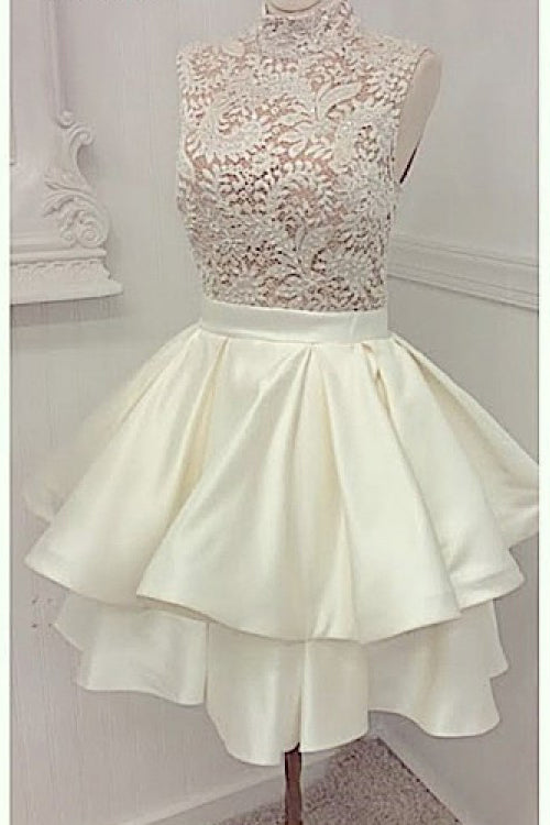 Ivory High Neck Satin Lace Homecoming Dresses N840