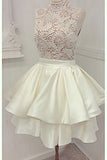 Ivory High Neck Satin Lace Homecoming Dresses N840