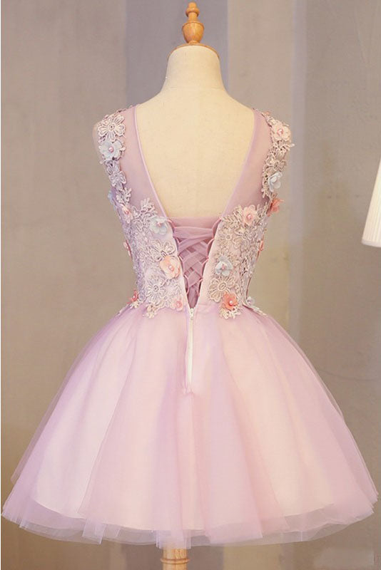 A Line Pink Tulle Beading Homecoming Dresses with Flowers N1030