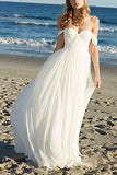 Flowy Off the Shoulder Chiffon Beach Wedding Dresses Long Pleated Bridal Dresses N1289